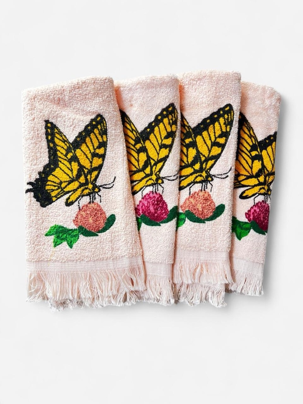 Vintage Leshner Of St. Mary Ohio Fingertip Bathroom Towels Pink Butterfly USA